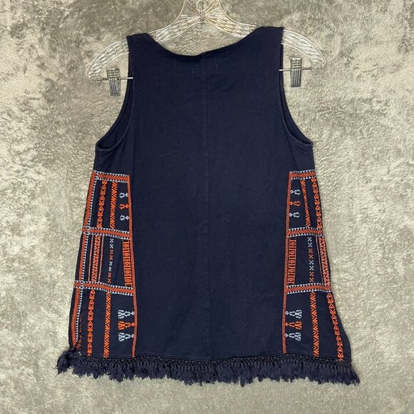 Madewell Women Embroidered Boho Navajo Tribal Fringe Scoop Neck Tank Top XS Navy - Picture 2 of 8